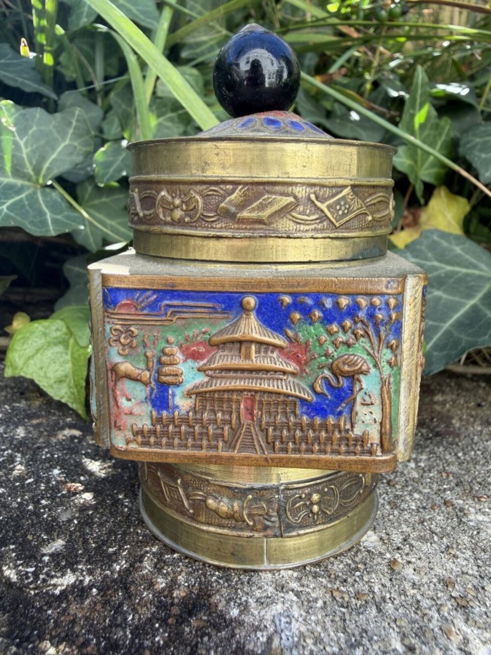 Antique Chinese Enamel Brass Lidded Tea Caddy Ginger Jar Pagoda Temple 4" VTG